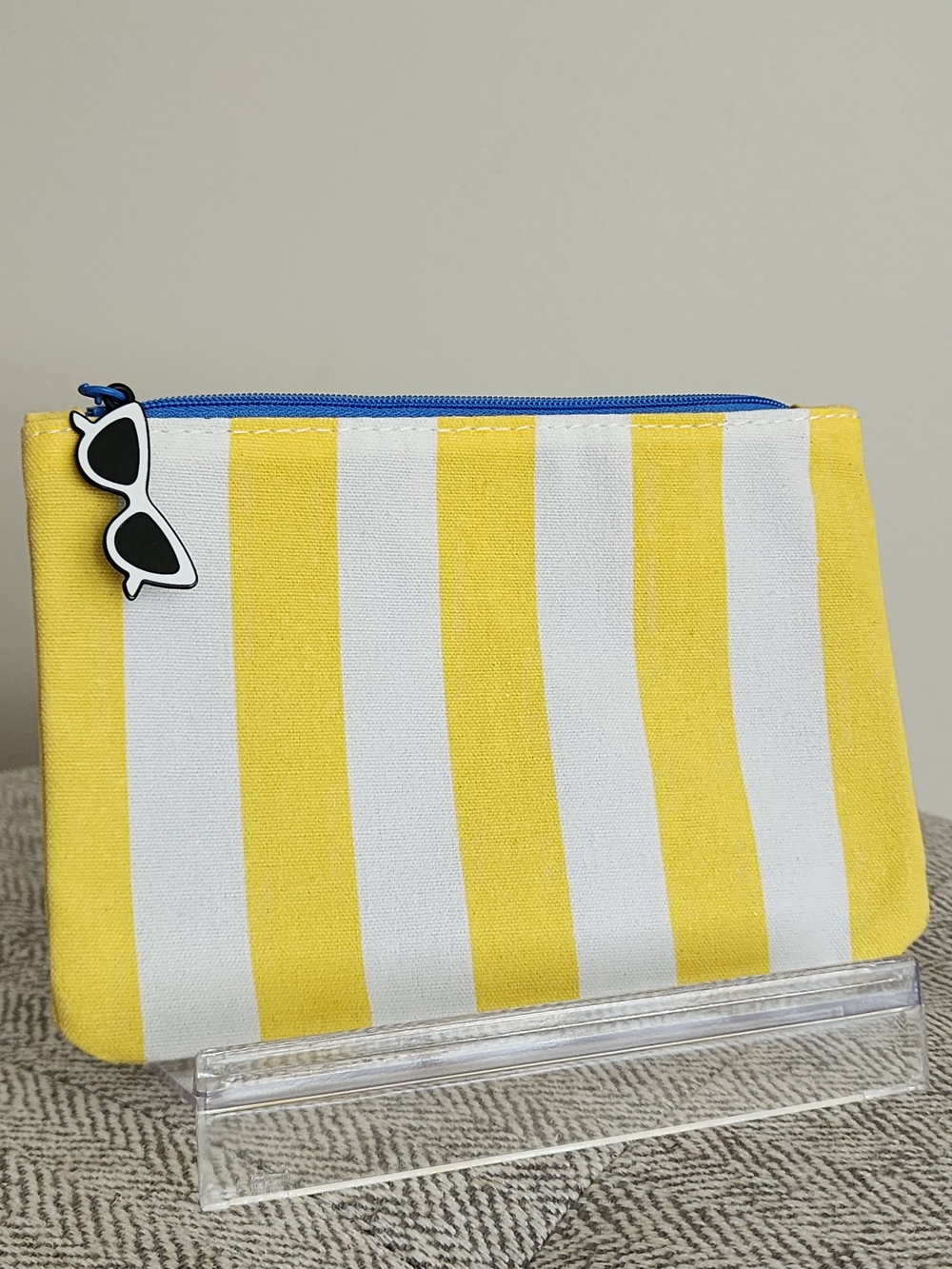 Ipsy Yellow & White Striped Cosmetic Pouch with Sunglasses Charm